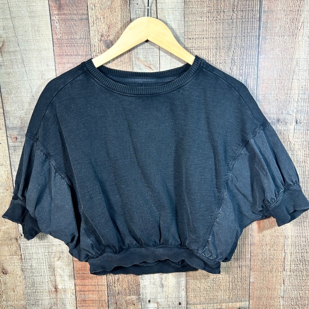 Pilcro Anthropologie Mixed Media Puff Sleeve Sweatshirt Mineral Wash Black S